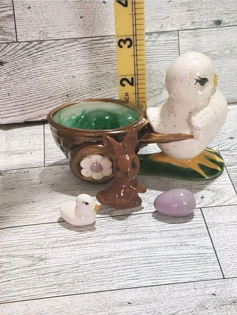Vtg Ceramic Easter Decor Chick Bunny Egg Wagon Wheelburrow Signed Elaine